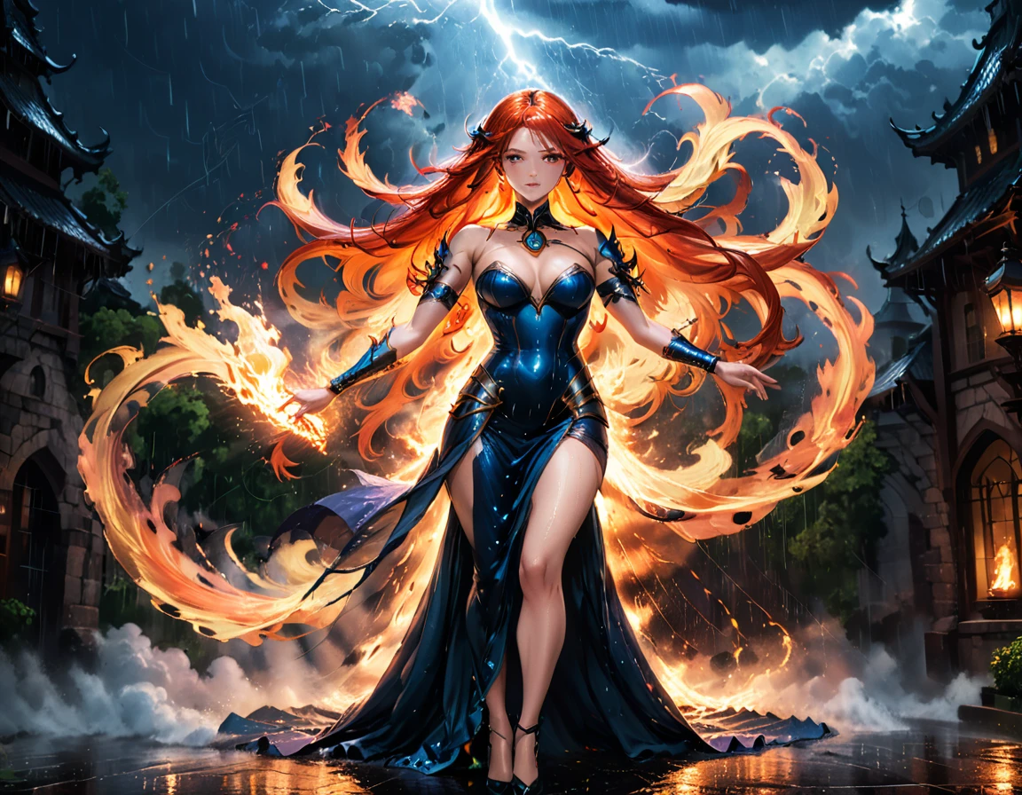 a sorceress of fire making fire dance in a the (storm of rain: 1.3), a most exquisite beautiful sorceress, controlling fire manipulating fire, a woman, dynamic hair color, dynamic hair style, (most beautiful face: 1.3), (ultra detailed face: 1.2), wet hair, wet face, dynamic eyes color, full body shot, wearing dress made of fire, wearing intricate high heels, light make up, dancing in courtyard of a fantasy castle background, ((heavy rain drops: 1.1)), clouds in the sky, (anatomically correct: 1.4), (full body shot: 1.1) , vibrant, Ultra-high resolution, High Contrast, (masterpiece:1.5), highest quality, Best aesthetics), best details, best quality, highres, ultra wide angle, 16k, [ultra detailed], masterpiece, best quality, (extremely detailed),DARK, chumbasket art style