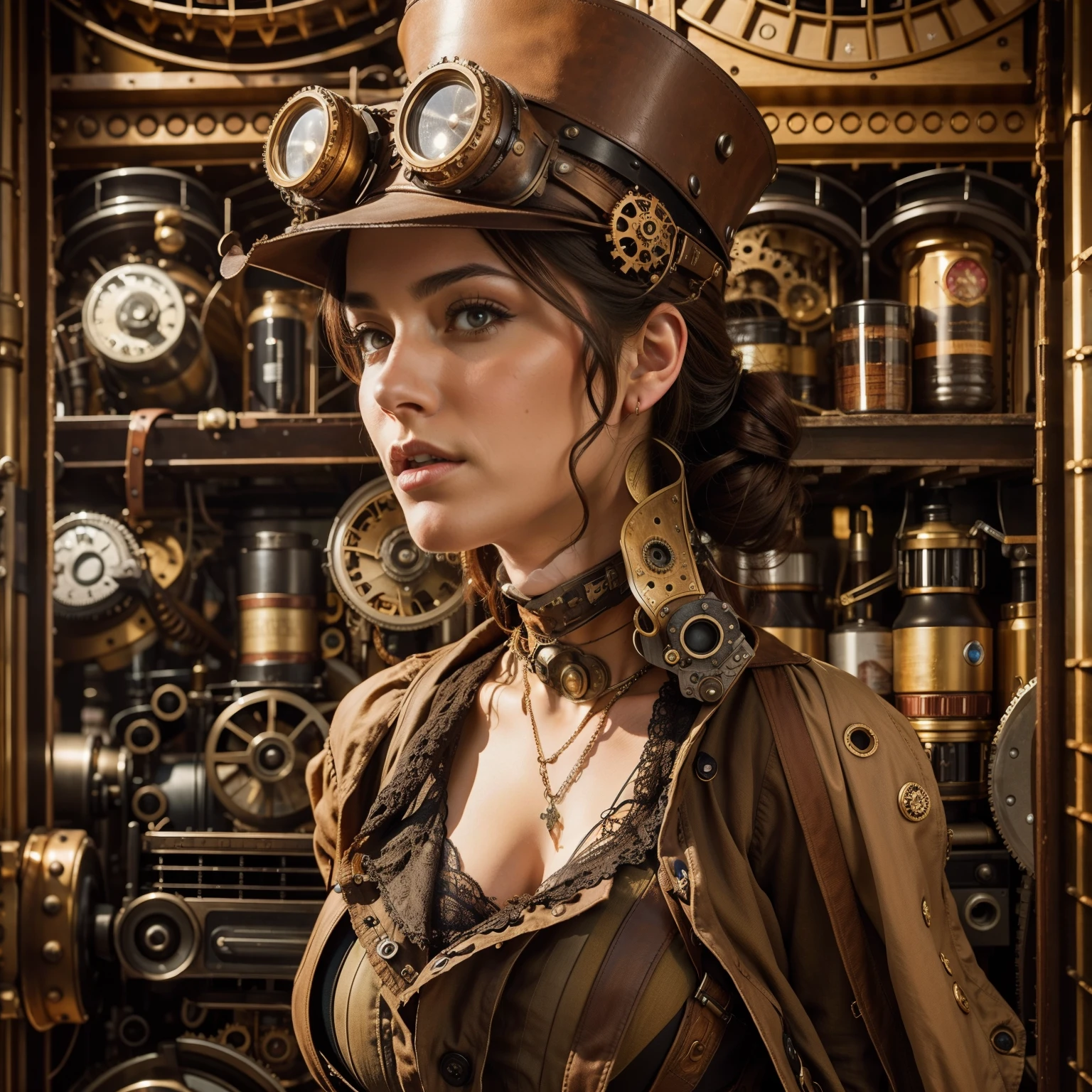 A beautiful steampunk woman with steampunk clothes in the foreground and a huge steampunk machinery mechanical in the background