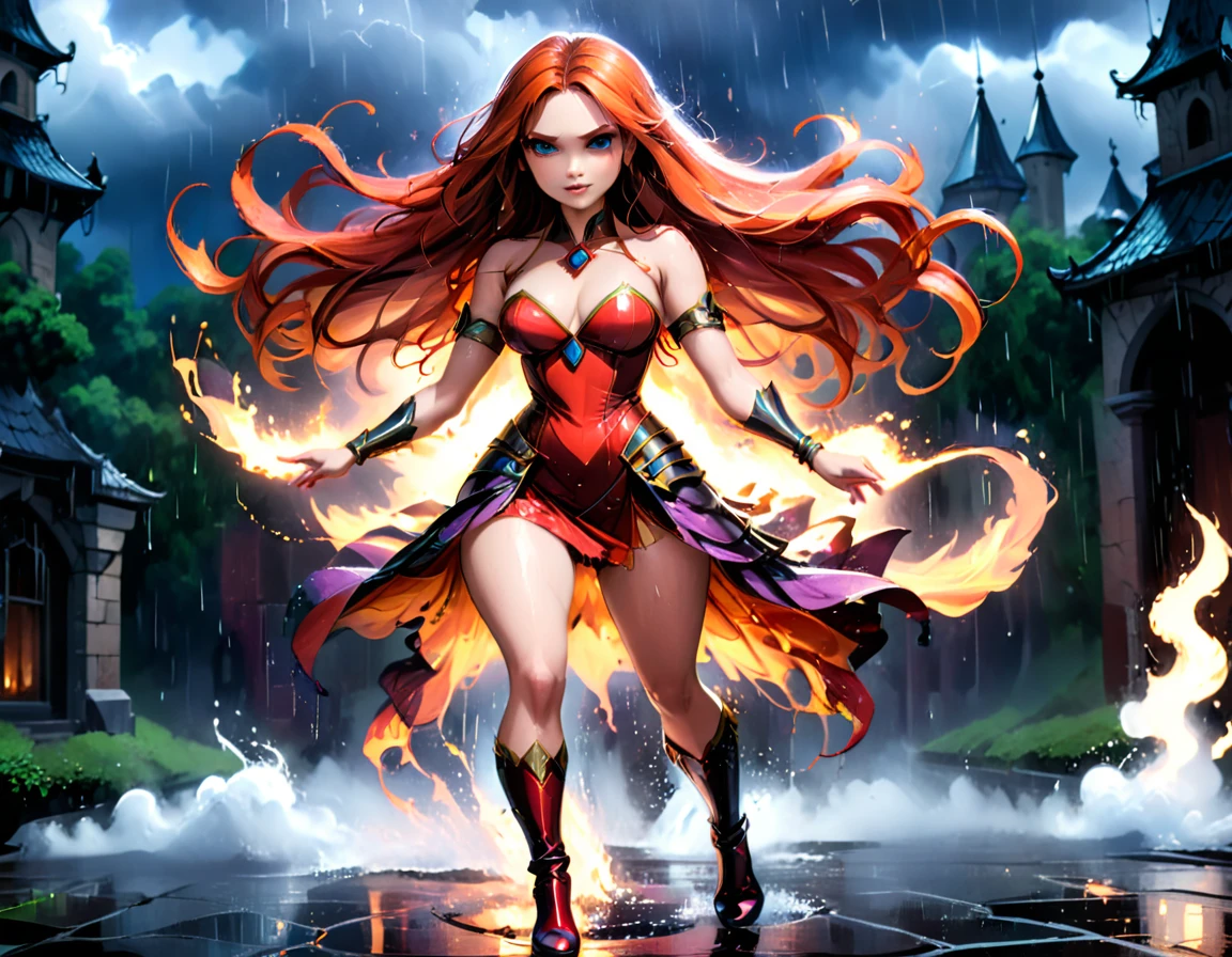 a sorceress of fire making fire dance in a the (storm of rain: 1.3), a most exquisite beautiful sorceress, controlling fire manipulating fire, a woman, dynamic hair color, dynamic hair style, (most beautiful face: 1.3), (ultra detailed face: 1.2), wet hair, wet face, dynamic eyes color, full body shot, wearing dress made of fire, wearing intricate high heels, light make up, dancing in courtyard of a fantasy castle background, ((heavy rain drops: 1.1)), clouds in the sky, (anatomically correct: 1.4), (full body shot: 1.1) , vibrant, Ultra-high resolution, High Contrast, (masterpiece:1.5), highest quality, Best aesthetics), best details, best quality, highres, ultra wide angle, 16k, [ultra detailed], masterpiece, best quality, (extremely detailed),DARK, chumbasket art style