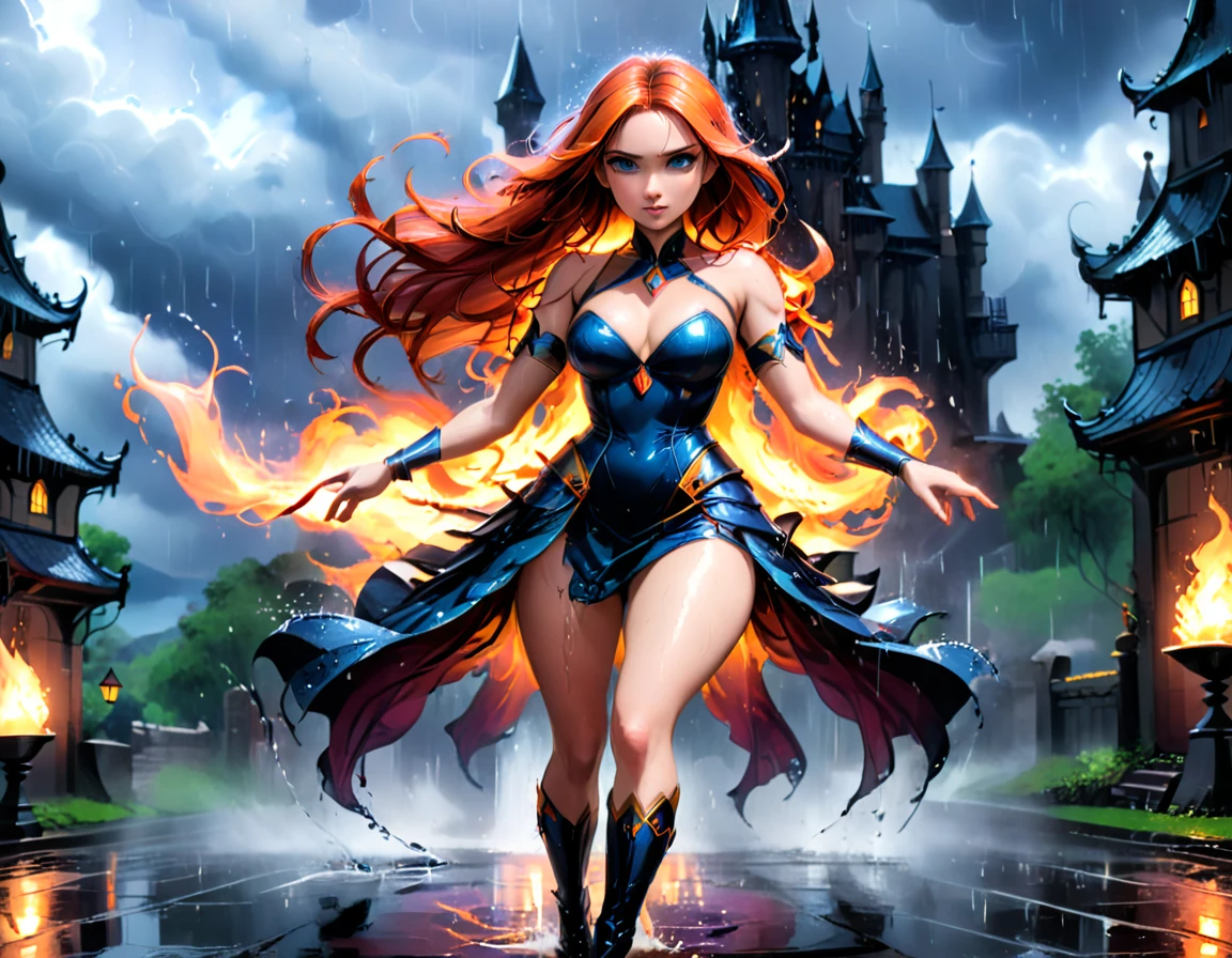 a sorceress of fire making fire dance in a the (storm of rain: 1.3), a most exquisite beautiful sorceress, controlling fire manipulating fire, a woman, dynamic hair color, dynamic hair style, (most beautiful face: 1.3), (ultra detailed face: 1.2), wet hair, wet face, dynamic eyes color, full body shot, wearing dress made of fire, wearing intricate high heels, light make up, dancing in courtyard of a fantasy castle background, ((heavy rain drops: 1.1)), clouds in the sky, (anatomically correct: 1.4), (full body shot: 1.1) , vibrant, Ultra-high resolution, High Contrast, (masterpiece:1.5), highest quality, Best aesthetics), best details, best quality, highres, ultra wide angle, 16k, [ultra detailed], masterpiece, best quality, (extremely detailed),DARK, chumbasket art style