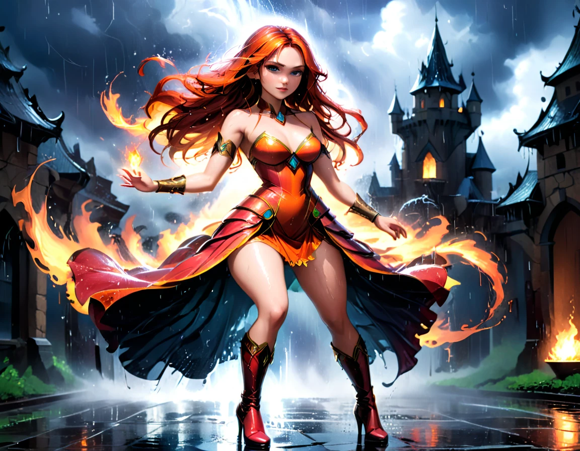 a sorceress of fire making fire dance in a the (storm of rain: 1.3), a most exquisite beautiful sorceress, controlling fire manipulating fire, a woman, dynamic hair color, dynamic hair style, (most beautiful face: 1.3), (ultra detailed face: 1.2), wet hair, wet face, dynamic eyes color, full body shot, wearing dress made of fire, wearing intricate high heels, light make up, dancing in courtyard of a fantasy castle background, ((heavy rain drops: 1.1)), clouds in the sky, (anatomically correct: 1.4), (full body shot: 1.1) , vibrant, Ultra-high resolution, High Contrast, (masterpiece:1.5), highest quality, Best aesthetics), best details, best quality, highres, ultra wide angle, 16k, [ultra detailed], masterpiece, best quality, (extremely detailed),DARK, chumbasket art style