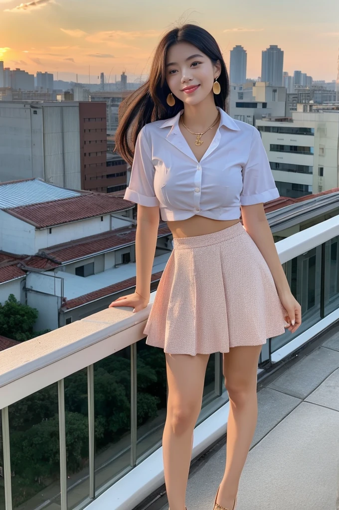 Rooftop of university building, 4th university student, ((full body)), ((photo)), ((best qualtiy, 8K, tmasterpiece:1.3)), Focus:1.2, perfect figure beautiful girl:1.4, 1girl, cowboy shot, look at viewer, eyes facing the camera, incredibly absurd, beautiful and cute girl with a photorealistic face, showcasing top-quality craftsmanship, A Japanese girl watching the sunset on the roof of a university building, 19 years old, long, straight, silky black hair, fair skin, big eyes, thin eyebrows, double eyelids, long eyelashes, pink lips, smile, devilish smile, gorgeous features, well-defined facial features, beautiful face line, mysterious beauty, slender, tall, well-balanced proportions, large E-cup breasts, white shirt, tight black skirt, beige pumps, gold necklace and bracelet, small earrings, elegant ring, pretty girl, beauty, devilish type, pretty older sister, passionate about art, sociable, friendly, positive, has leadership skills, is proactive, is flexible, gets things done efficiently, works hard towards dreams and goals, March