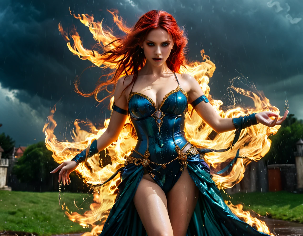 a sorceress of fire making fire dance in a the (storm of rain: 1.3), a most exquisite beautiful sorceress, controlling fire manipulating fire, a woman, dynamic hair color, dynamic hair style, (most beautiful face: 1.3), (ultra detailed face: 1.2), wet hair, wet face, dynamic eyes color, full body shot, wearing dress made of fire, wearing intricate high heels, light make up, dancing in courtyard of a fantasy castle background, ((heavy rain drops: 1.1)), clouds in the sky, (anatomically correct: 1.4), (full body shot: 1.1) , vibrant, Ultra-high resolution, High Contrast, (masterpiece:1.5), highest quality, Best aesthetics), best details, best quality, highres, ultra wide angle, 16k, [ultra detailed], masterpiece, best quality, (extremely detailed),DARK, chumbasket art style