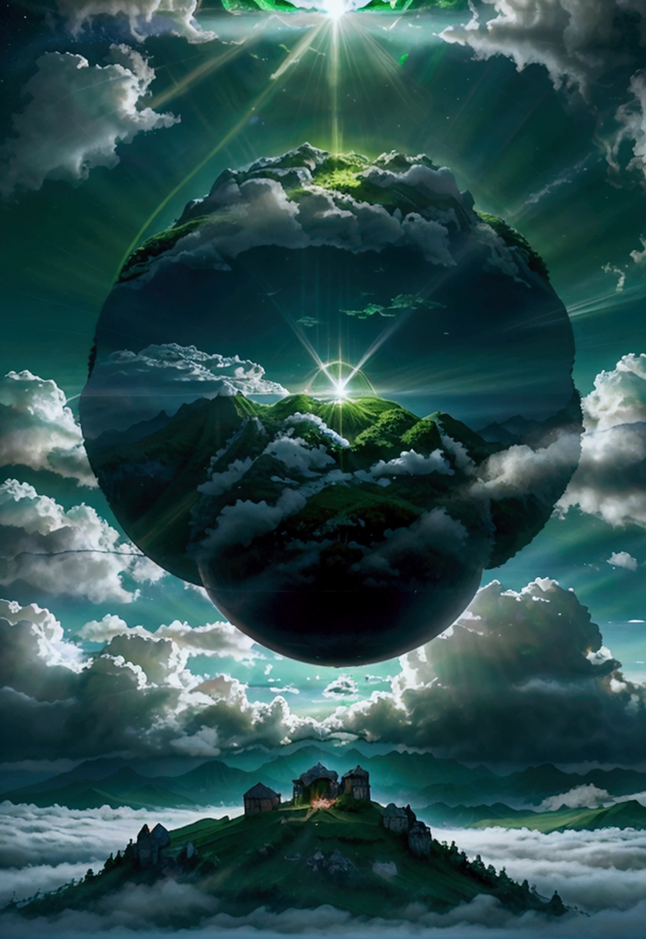 A giant mirror ball floating in space, Flickering Light, Sad hamster died (A tall mountain々A heaven like a green field surrounded by clouds:1.3), Airborne particles, God&#39;s Rays, Background Stars, Complex fractals, detailed, (figure), masterpiece, High resolution, Highest quality.