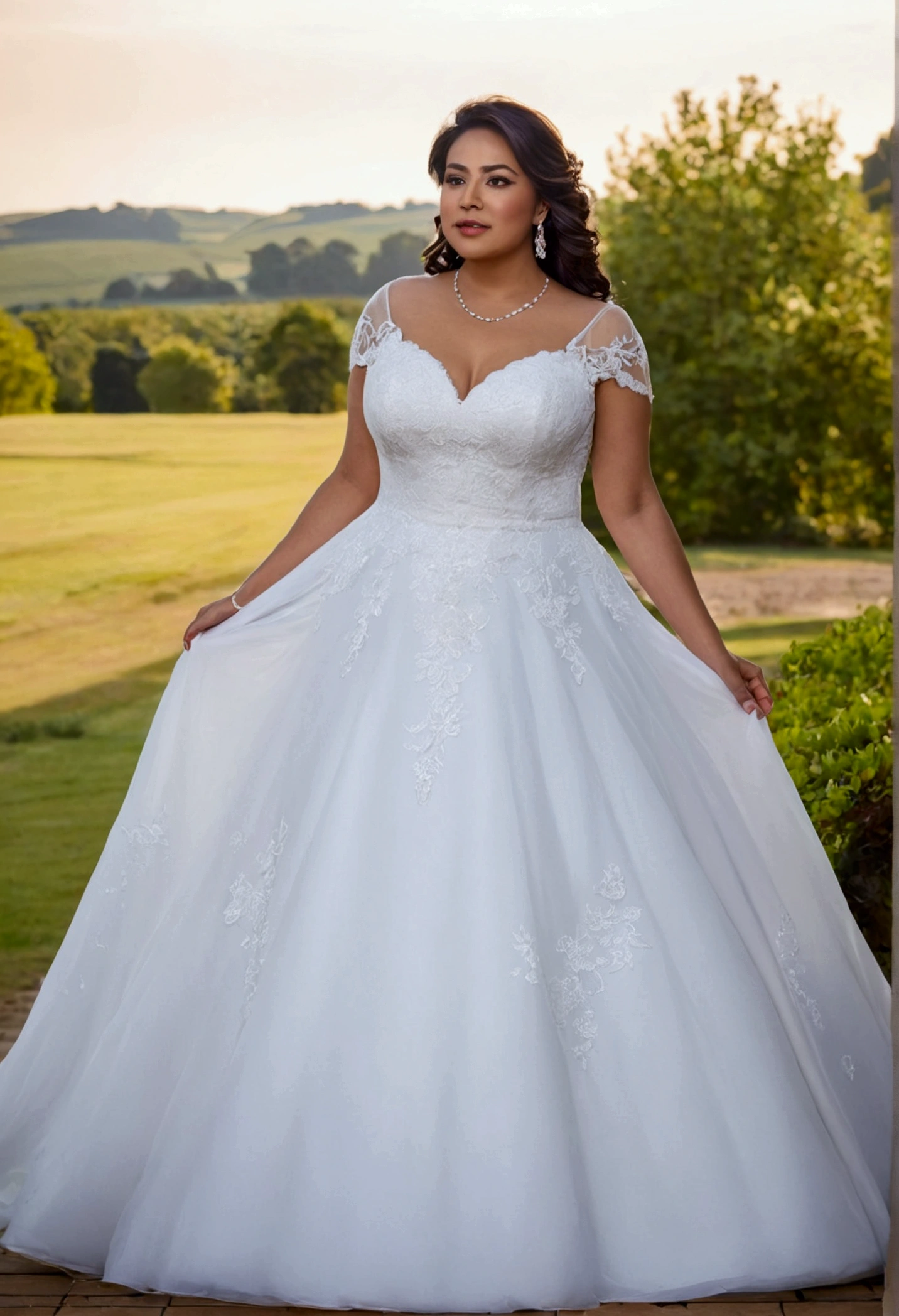 A white wedding dress with purple lilies for a chuby woman