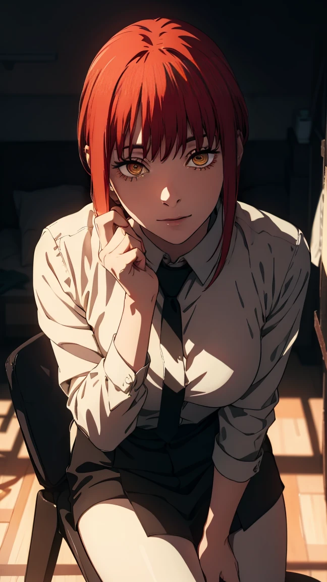The character Makima from the anime series Chainsaw Man, fragile, full length (Full body 1.1.), dark background, darkness, Correct anatomy 1.1, holds his hands behind his back, correct hand anatomyVery sexy, erotica, very feminine, beautiful figure, legs, buttocks, Beautiful body, red hair, orange eyes, Red circles for schoolchildren, summer dress, sexy pose, realistic, very detailed, Beautiful body, detailed body, detailed hands, detailed, Vibrating, detailed Face, Makima character design. very detailed, detailed body, detailed hands, detailed Face, anime art, Hugh Details, Very downcast face, detailed eyes, Super thin illustration, best shadow, Fine detail, beautiful detailed glow, beautiful detailed, Extraordinarily beautiful, extremely detailed, inexpressive, epic composition, Anime style. anime art anime art, Anime style,