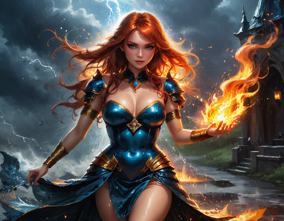 a sorceress of fire making fire dance in a the (storm of rain: 1.3), a most exquisite beautiful sorceress, controlling fire manipulating fire, a woman, dynamic hair color, dynamic hair style, (most beautiful face: 1.3), (ultra detailed face: 1.2), wet hair, wet face, dynamic eyes color, full body shot, wearing dress made of fire, wearing intricate high heels, light make up, dancing in courtyard of a fantasy castle background, ((heavy rain drops: 1.1)), clouds in the sky, (anatomically correct: 1.4), (full body shot: 1.1) , vibrant, Ultra-high resolution, High Contrast, (masterpiece:1.5), highest quality, Best aesthetics), best details, best quality, highres, ultra wide angle, 16k, [ultra detailed], masterpiece, best quality, (extremely detailed),DARK, chumbasket art style