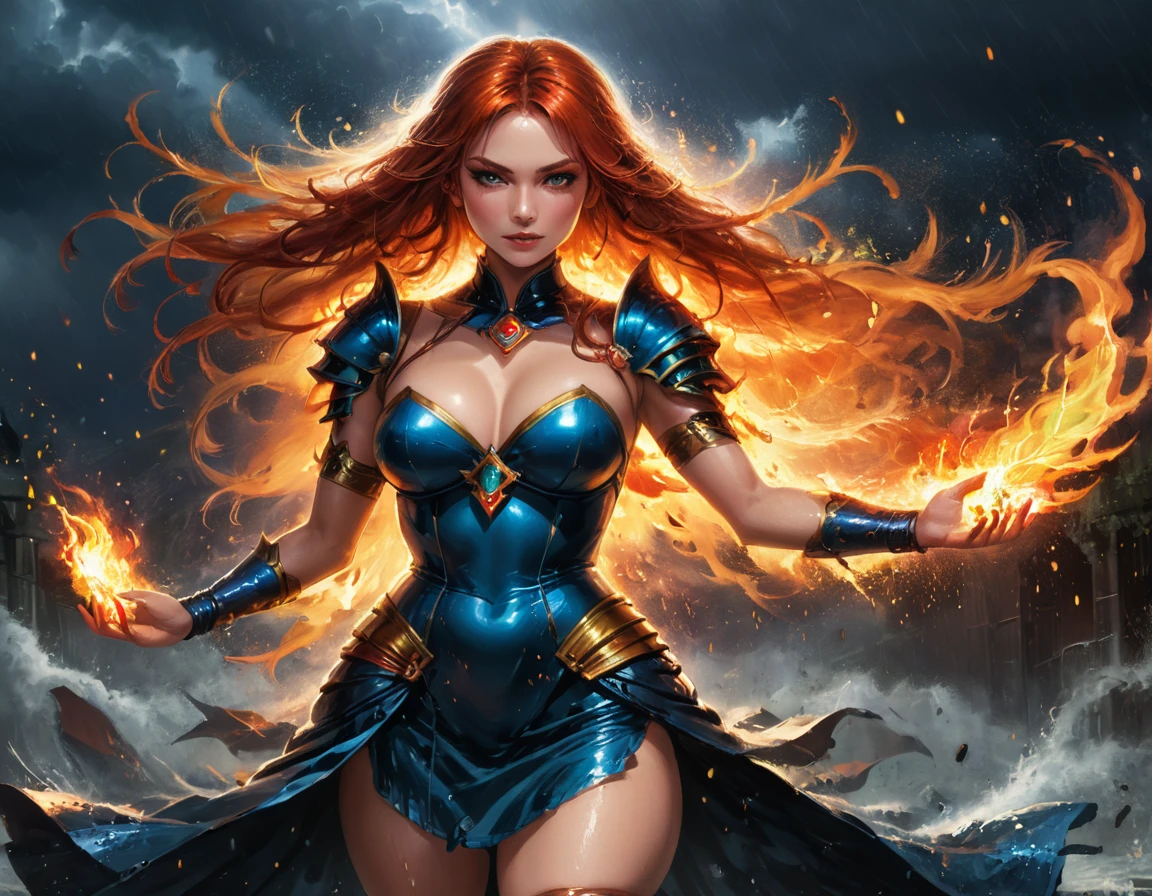 a sorceress of fire making fire dance in a the (storm of rain: 1.3), a most exquisite beautiful sorceress, controlling fire manipulating fire, a woman, dynamic hair color, dynamic hair style, (most beautiful face: 1.3), (ultra detailed face: 1.2), wet hair, wet face, dynamic eyes color, full body shot, wearing dress made of fire, wearing intricate high heels, light make up, dancing in courtyard of a fantasy castle background, ((heavy rain drops: 1.1)), clouds in the sky, (anatomically correct: 1.4), (full body shot: 1.1) , vibrant, Ultra-high resolution, High Contrast, (masterpiece:1.5), highest quality, Best aesthetics), best details, best quality, highres, ultra wide angle, 16k, [ultra detailed], masterpiece, best quality, (extremely detailed),DARK, chumbasket art style