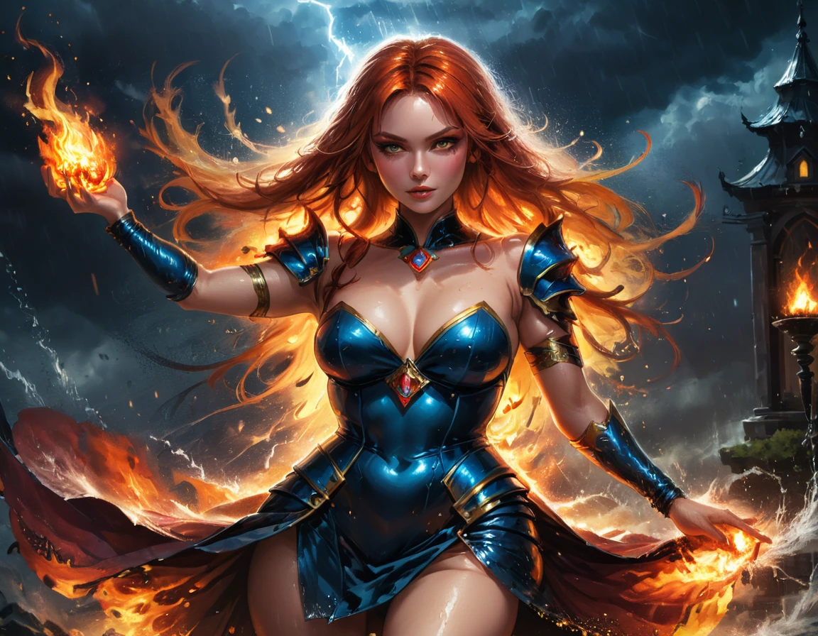 a sorceress of fire making fire dance in a the (storm of rain: 1.3), a most exquisite beautiful sorceress, controlling fire manipulating fire, a woman, dynamic hair color, dynamic hair style, (most beautiful face: 1.3), (ultra detailed face: 1.2), wet hair, wet face, dynamic eyes color, full body shot, wearing dress made of fire, wearing intricate high heels, light make up, dancing in courtyard of a fantasy castle background, ((heavy rain drops: 1.1)), clouds in the sky, (anatomically correct: 1.4), (full body shot: 1.1) , vibrant, Ultra-high resolution, High Contrast, (masterpiece:1.5), highest quality, Best aesthetics), best details, best quality, highres, ultra wide angle, 16k, [ultra detailed], masterpiece, best quality, (extremely detailed),DARK, chumbasket art style