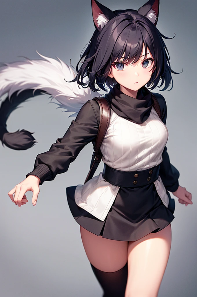 draw someone with short hair that ends in spiky, black hair with white tips, slightly brown skin, black eyes, Her clothes are a cream-colored sweater made of wool., with long sleeves that reach to the knuckles, with a kind of , a dark blue skirt. Gray knee-high stockings, black boots, and a blue scarf, under the scarf a camera hanging from his neck, along with a small backpack and a star accessory on the right part of her hair, cat ears and tail.