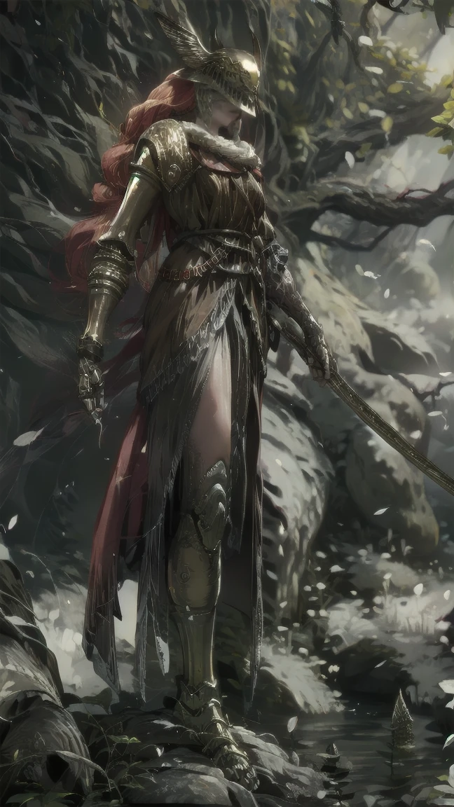 1 girl, ultra sharp image, Portrait of a girl, Gothic style, fantasy, beautiful figure, beautiful, full length (full body 1.1.), big tree in the background, slender legs, buttocks, slender legs, Wasp waist, sexy, fighting pose, fighting stance, only,helmet,light-skinned Женский, One, long curved sword in hand