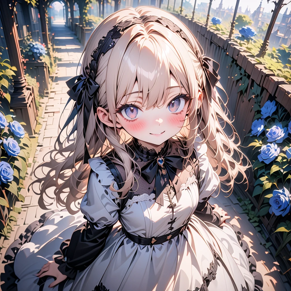 ((Masterpiece)), ((best quality)), (Anime), ((kawaii)), ((extremely detailed)), 4K, (8K), (super detail:1.2), (High Definition:1.3), (Professional Photography:1.2), (wide shot), cinematic lighting, (very aesthetic:1.2), (absurdres:1.2), intricate details, ai-generated, newest, (sharp focus), (perfect light), ((12 years old)), ((1girl)), Textured skin, ((Beautiful Gothic Lolita pure-white-Dresses)), (very hoop-dress), Luxury roses embroidery, cute innocent young girl, ((loose swept bangs)), Slender and small breasts, (silky blond hair), lustrous hair, (gothic lolita makeup), ((bags under the eyes)), lower eyelashes, beautiful hair, smile, (blush), Light particles, ((Spread arms wide)), in beautiful Fantastic garden, (blue roses garden)