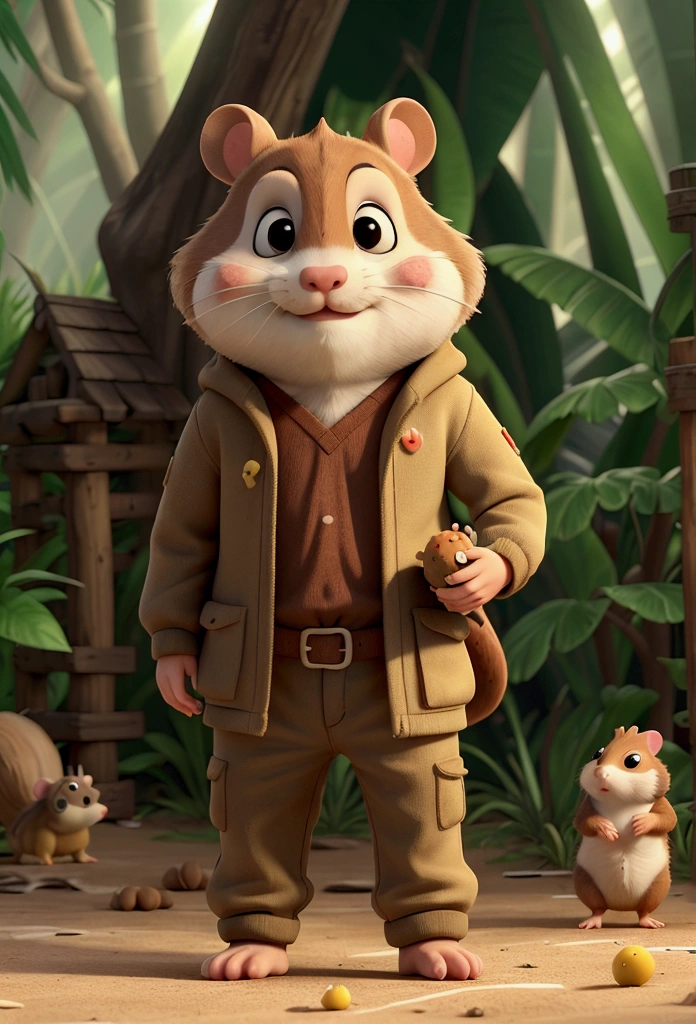 A guarded hamster with a nut shell in his hand as a guard, without any shoes or cloths, there is nothing and nobody in the scene except the hen, the environment is a jungle, the hamster is completely brown.