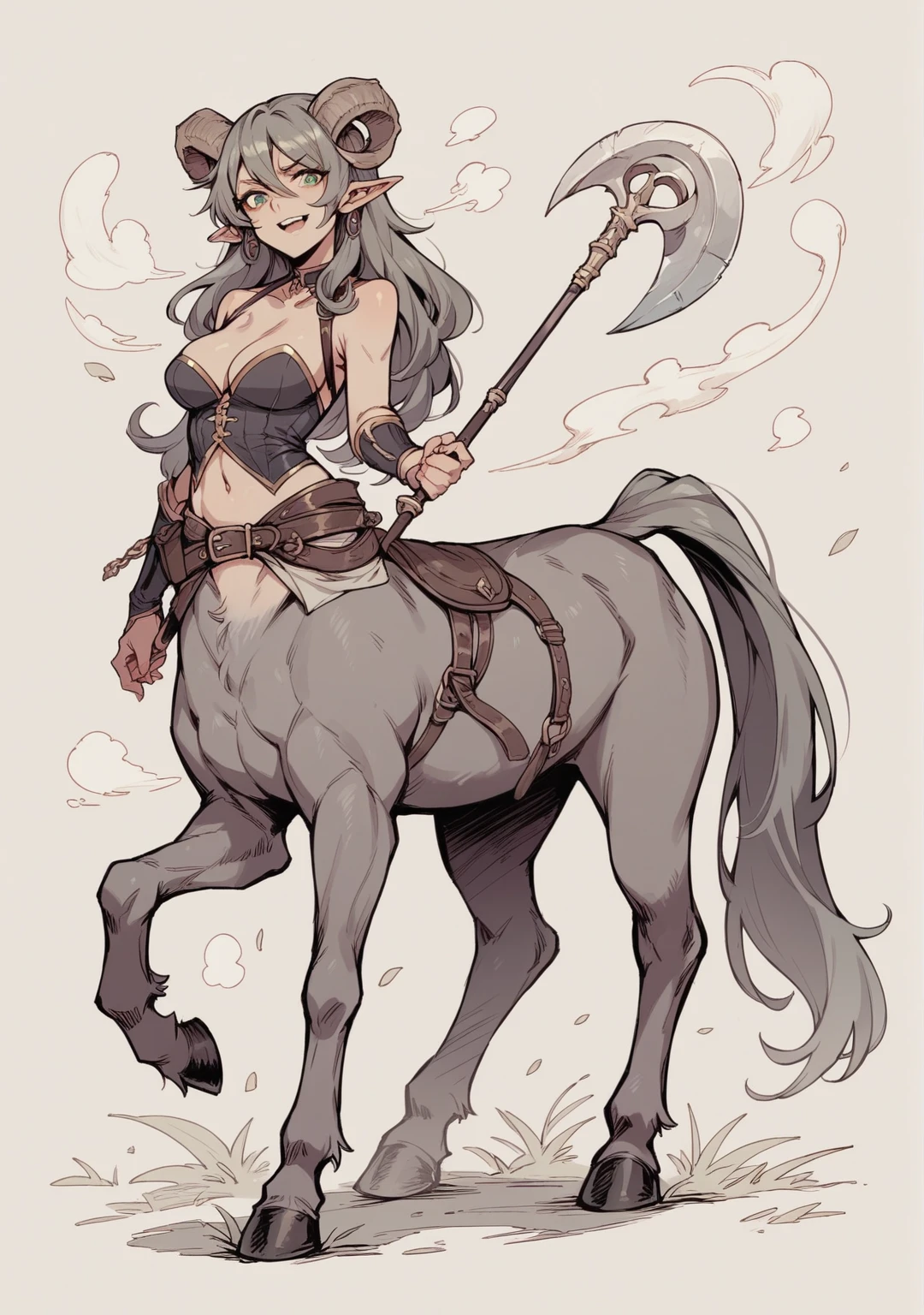 A centaur chimera woman, The woman&#39;s entire skin is full of white hair, white-haired deer, woman with fiery eyes, deer with fiery eyes. Deer&#39;s paws on fire