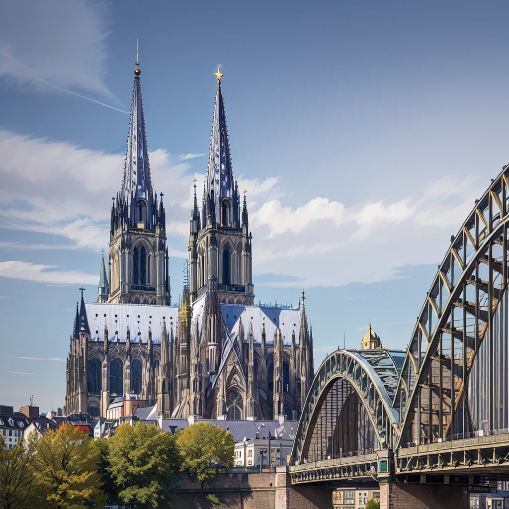 Masterpiece, best quality, very detailed, Cologne Dome, Cologne Cathedral, sun is shining, blue sky on the background with many stars and galaxies