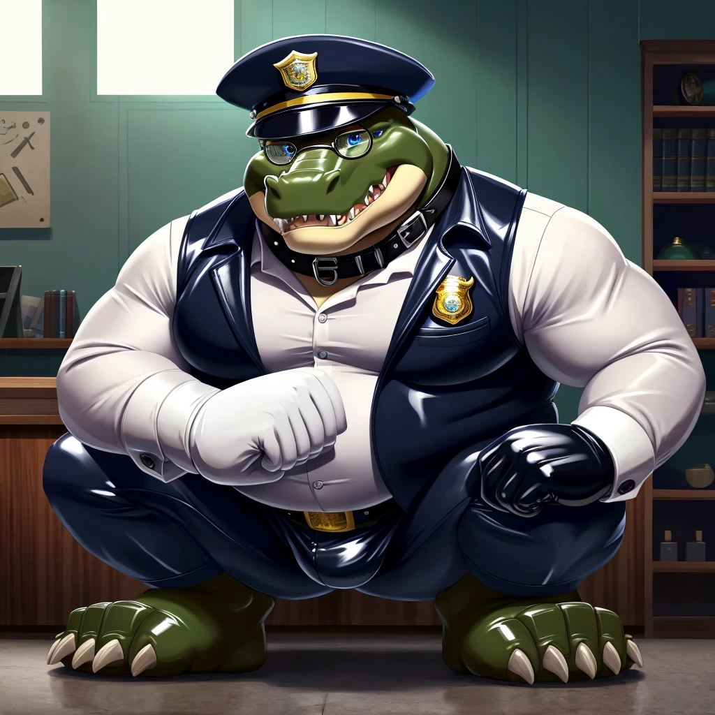 Solo, Male, fat, squatting, extremely obese, gentleman, dapper Crocodile, blue eyes, (soft shading), 4k, hi res, ((detailed face, detailed)), looking at viewer, evil grin, police station, collared shirt with buttons, hat, male focus, Police Uniform, glasses, monocle, vest with buttons, sleeves rolled up, round eyewear, headwear, vest, Crocodile is wearing a glossy leather dog collar around the neck, Crocodile is wearing the leather collar and shirt and vest at the same time, Crocodile is wearing glossy white rubber gloves on the hands, wearing white rubber gloves on the feet, gloves are rubber in texture, clenching teeth, clenching fists, leather collar is glossy and shiny with a lot of detail, Crocodile is wearing gloves and leather collar at the same time, leather collar has a round dog-tag, leather collar is thick and detailed, white rubber gloves on the feet.