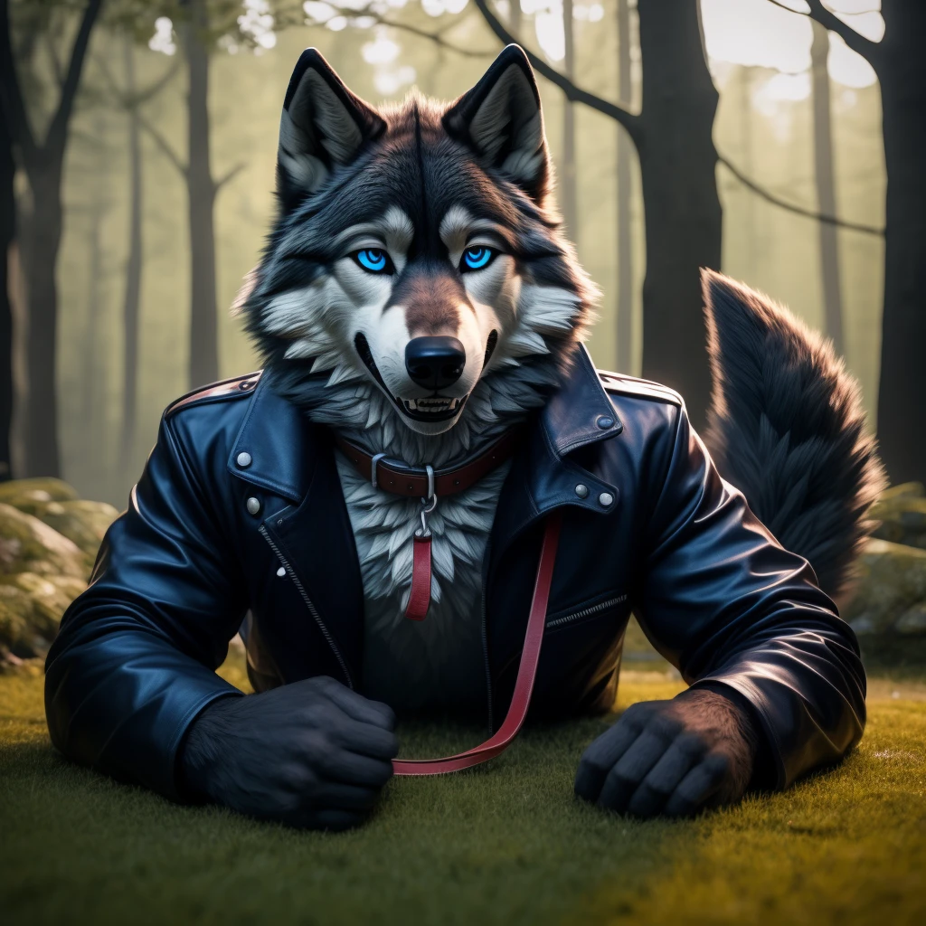 Male, 30 years old, cute, eyeliner, big grin, very happy, black leather jacket, anthro, wolf ears, (black fur:1.5), wolf, forest background, 8k, hi res, (best quality, masterpiece), (wolf tail:1.5), detailed fur, solo, leash and collar, blue jeans, blue eyes, lying down on the ground