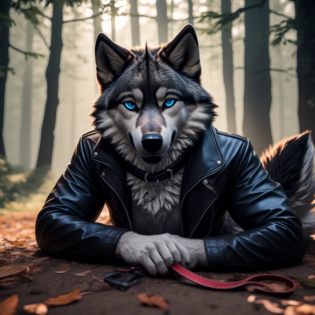 Male, 30 years old, cute, eyeliner, big grin, very happy, black leather jacket, anthro, wolf ears, (black fur:1.5), wolf, forest background, 8k, hi res, (best quality, masterpiece), (wolf tail:1.5), detailed fur, solo, leash and collar, blue jeans, blue eyes, lying down on the ground