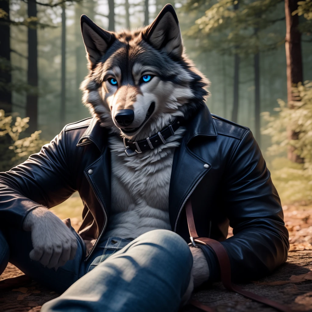 Male, 30 years old, cute, eyeliner, big grin, very happy, black leather jacket, anthro, wolf ears, (black fur:1.5), wolf, forest background, 8k, hi res, (best quality, masterpiece), (wolf tail:1.5), detailed fur, solo, leash and collar, blue jeans, blue eyes, lying down on the ground