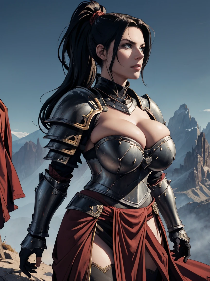 (masterpiece, top quality, best quality, official art, beautiful and aesthetic:1.2), (1girl:1.3), ((Sharp facial features, sharp features, hawkish features)), ((big hair, long black hair, ponytail)), big tiddy chaos warrior girl, extremely detailed, portrait, looking at viewer, solo, (full body:0.6), detailed background, full-body shot, (hot desert mountain theme:1.1), chaos warrior, (spiky helmet), charlatan, smirk, mysterious, swaying in mountains, armor, red metal, brass trim, long boots, dual axes, blood red fabric, pelvic curtain, loincloth, black leather, ((((armor, heavy armor, blood, armored, , long legs, pelvic curtain, toned, muscular)))), cute belly button, toned tummy, slim waist, slim , long legs, medieval (mountain exterior:1.1) background, dark mysterious lighting, shadows, magical atmosphere, dutch angle
