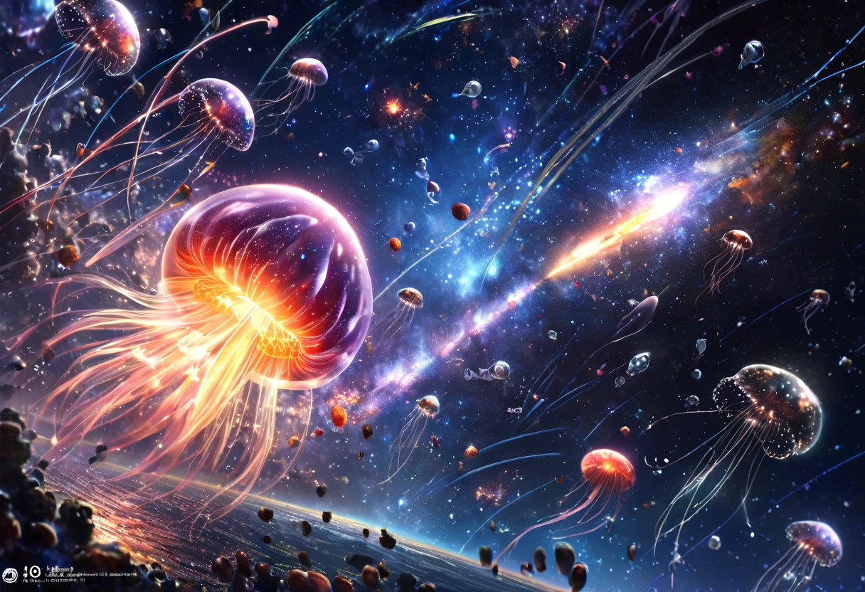 galaxy, rocket, jellyfish, shooting star, HDR, 4k resolution, (realistic : 1.3), (ultra high resolution: 1.0 ), (((best quality, 8 thousand, masterpiece:1.4))