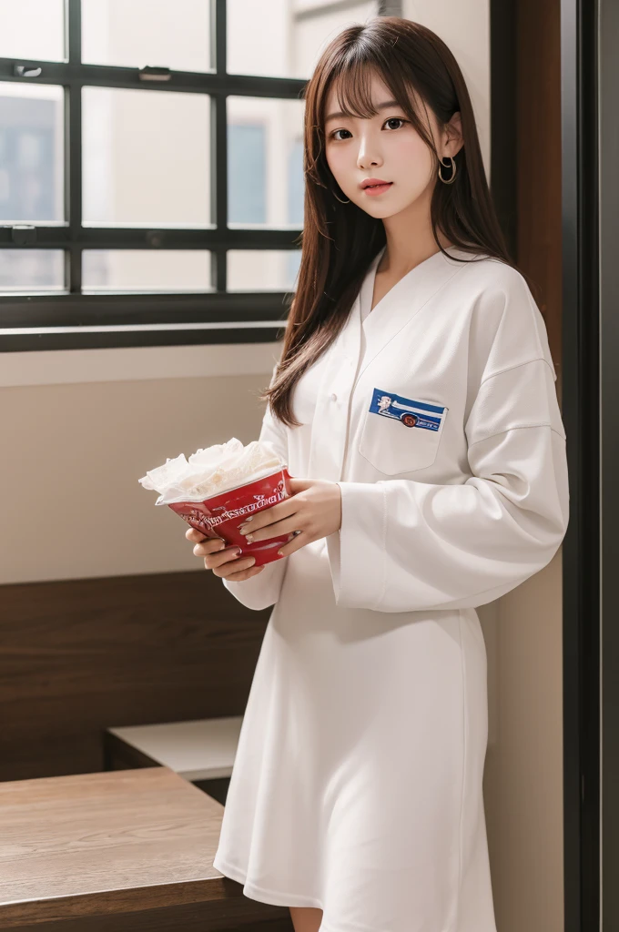 Korean beauty 20 years old、Women's blue striped sleeveless shirt, Underarm, blue high waist pleated skirt ,Selfie style,G-cup breasts, Narrow waist, Captivating thighs, 5 fingers on each hand, both hands ,2 Foot , In the women's room , beautiful, Place your hands behind your head ,