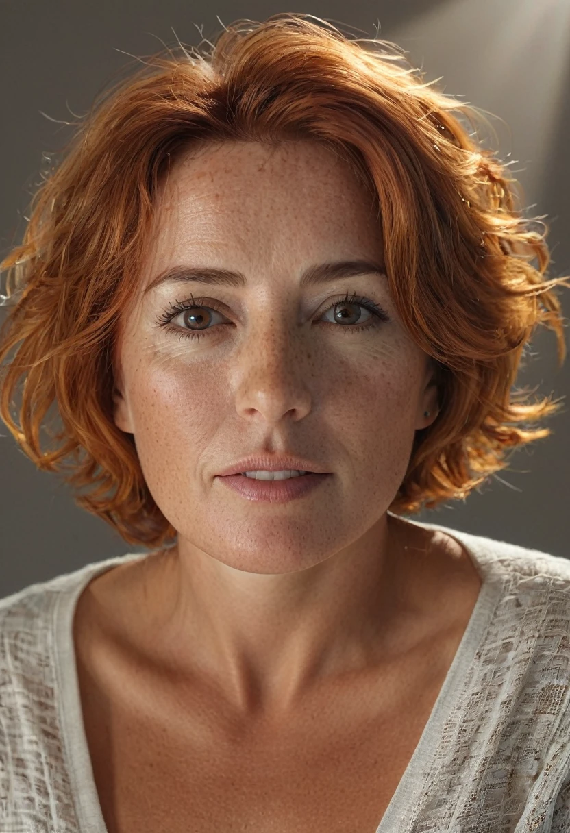 a mature portuguese woman with a large natural chest, short shaved red hair, brown eyes, naked, profissional porn actress, half light beam, ring light background, photorealistic, 8k, extremely detailed, high quality, ((full body)), cinematic lighting, dramatic colors, beautiful skin, detailed features ((consistent character)) ((seed 69))