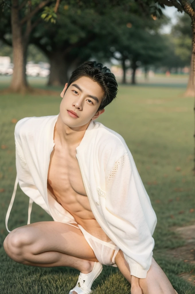 Asian muscular boy sitting on grass, sexy, Dark eyebrows, white shirt, wearing white thong high cut underwaer, white high cut Jockstrap, muscular young male, mid shot portrait, high quality portrait, Attractive pose, cute young man, gorgeous young model, portrait a 25 - year - old boy, casual photography, Realistic. Cheng Yi, cute young man, ((wearing micro string thong))