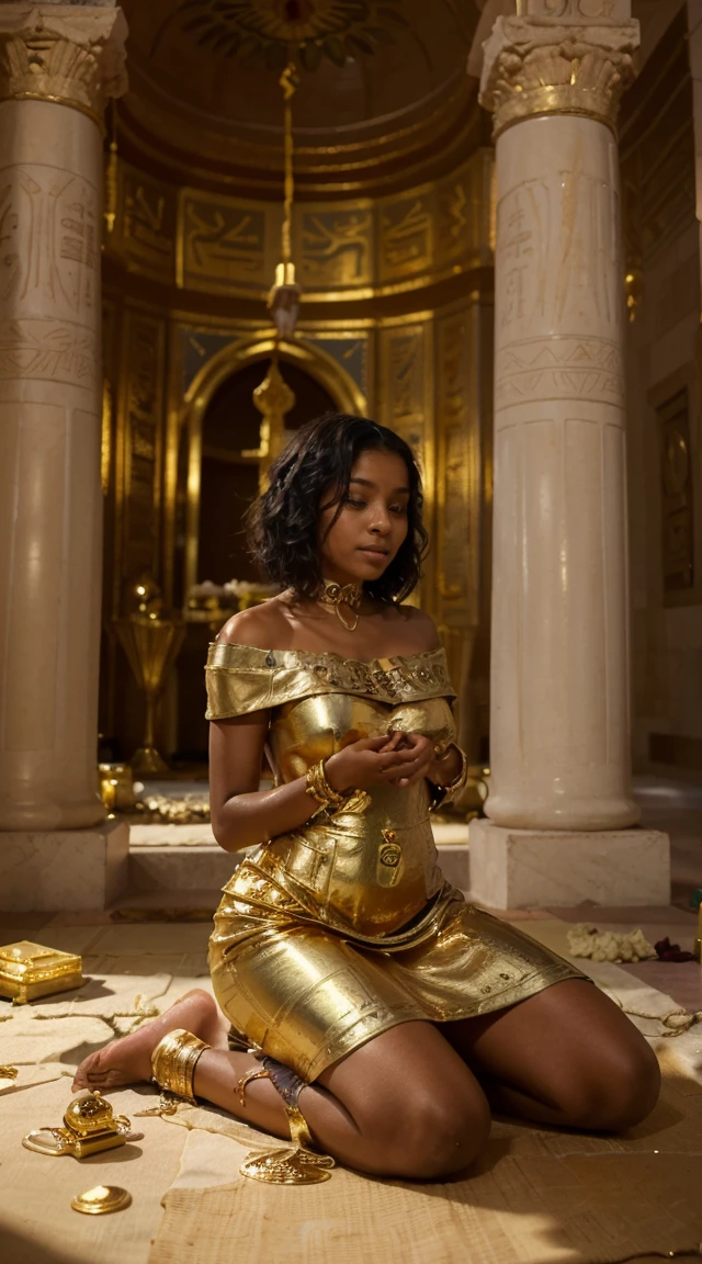 A (( fullbody view)) of a cute  female black teen wn skin, green eyes, wavy short black hair, dressed as mummy. Surprised, ((She is waking up from a 
gold decorated altar ) inside a Egyptian palace. A couple of priests are at her feet worshiping her. in epic fantasy style