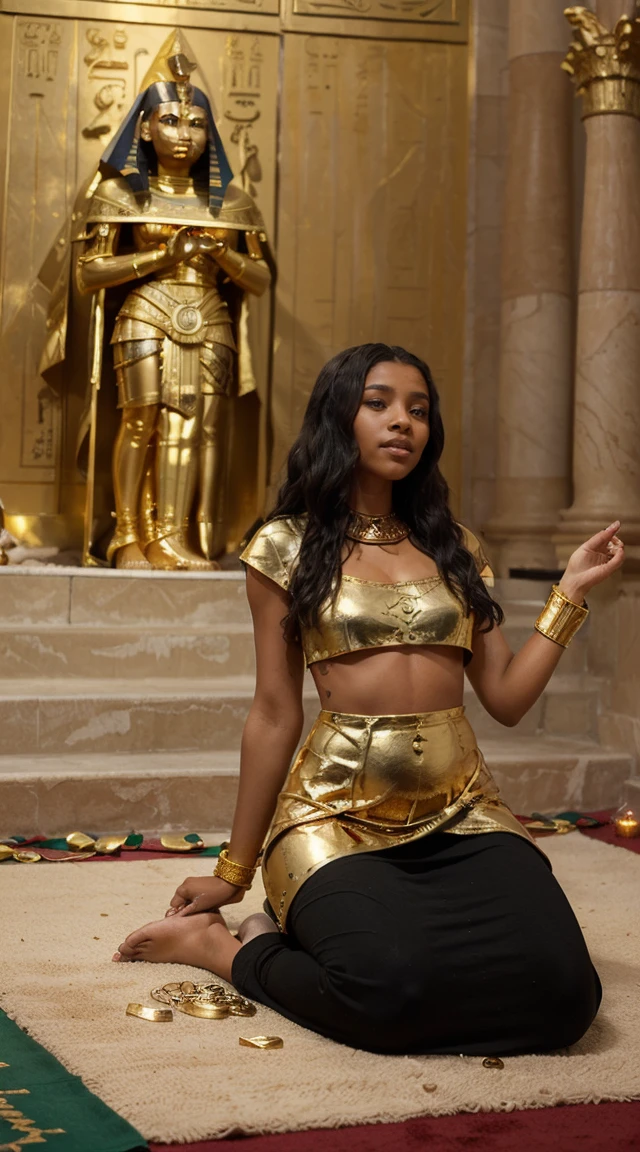 A (( fullbody view)) of a cute 16 yo female black (Brown skin, green eyes, wavy short black hair, dressed as mummy. Surprised, ((She is waking up from a
gold decorated altar ) inside a Egyptian palace. A couple of priests are at her feet worshiping her. in epic fantasy style