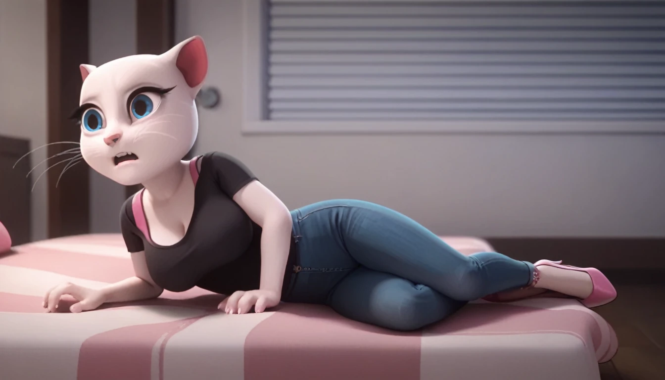 solo focus, a_la, 1girl, cat, white fur, long whiskers on both sides of the face, big bright blue eyes, big black eyelashes, pink nose, triangular ears with pink channels, big breasts, high heels, jeans, Black T-shirt. 1 girl and 1 boy human. side view. in bed. The man lies flat on the floor with his legs closed. Woman sits on man, vaginal, scream, lying, at home, looking back, penis, rape of 1 man, girl. Score_9, Score_8_up, Score_7_