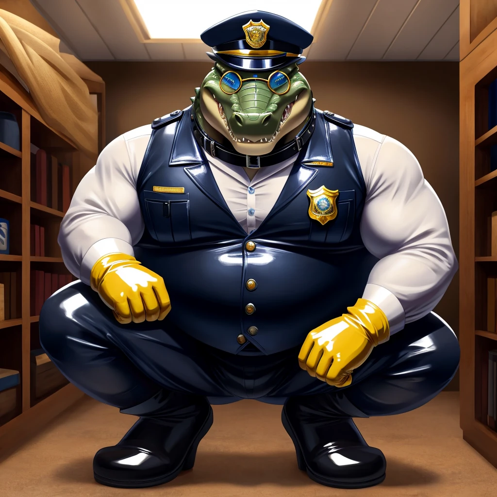 Solo, Male, fat, squatting, extremely obese, gentleman, dapper Crocodile, blue eyes, (soft shading), 4k, hi res, ((detailed face, detailed)), looking at viewer, evil grin, police station, collared shirt with buttons, hat, male focus, Police Uniform, glasses, monocle, vest with buttons, sleeves rolled up, round eyewear, headwear, vest, Crocodile is wearing a glossy leather dog collar around the neck, Crocodile is wearing the leather collar and shirt and vest at the same time, Crocodile is wearing glossy white rubber gloves on the hands, wearing white rubber gloves on the feet, gloves are rubber in texture, clenching teeth, clenching fists, leather collar is glossy and shiny with a lot of detail, Crocodile is wearing gloves and leather collar at the same time, leather collar has a round dog-tag, leather collar is thick and detailed, white rubber gloves on the feet.