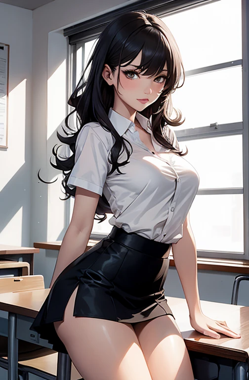 masterpiece, best quality, best lighting, shadows, perfect anatomy, 1 girl, adult anime girl, 21 years old, mature features, showing tits, bitchy face, pretty lips, pretty eyes, black wavy hair, black eyes, seductive eyes, blushing, flirty, pretty smile, tiny red skirt, white tight shirt, classroom background, ass, breast, thighs, seductive, spicy, hot, flirty, nsfw,