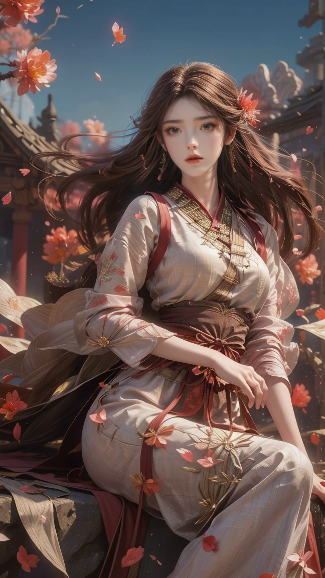 A beautiful woman with perfect curves wearing a long dress that gently flutters in the air,The beautiful woman was lie down in a sea of beautiful flowers surrounding her, Chinese traditional, her flexible body increasing with every movement, So enchanting, the dim candlelight, the glowing butterflies fighting the darkness of the night, the light of the moon, The night wind blowing the curtains, the pink flower petals , flower petals flying around the room, Chinese dancing, This woman is so beautiful that she attracts everyone who watches her, ancient China, imperial empress