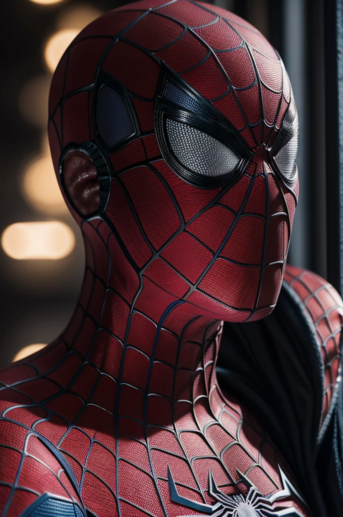 A photograph of Spider-Man., sin mascara, the 20s, elegant, detailed face, looking to the camera, portrait, 8k hd, high quality