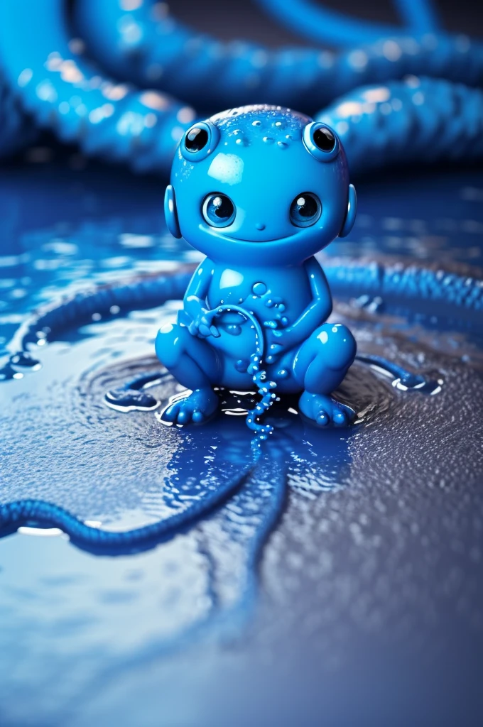 Photorealistic Humanoid blue goo creature with its torso coming out of a blue puddle with tentacles, it has cute eyes, arms, hands, happy face