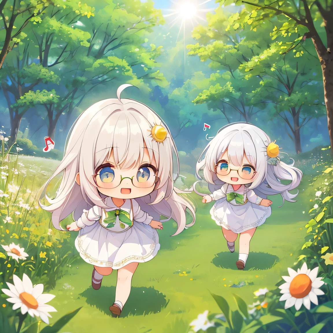 ((masterpiece)), ((best quality)), (ultra-detailed), ((kawaii)), cute, (lovely), illustration, anime style, (chibi:1.2), white sundress, (beautiful eyes), beautiful black hair, (long hair), slim, slender, glasses, medium breast, summer, (Shining Sun:1.4), (forest), outdoor, (running around in the fields:1.3), (open mouth:1.2), (spoken musical note:1.2), Looks like a lot of fun, looking very healthy, Full of vitality.