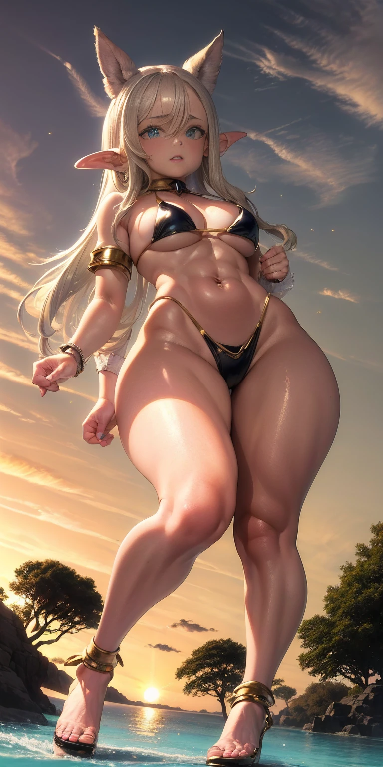 Extremely detailed Artgerm style: This sets the overall artistic style with a high level of detail. Fantasy art: This specifies the genre. Goddess of the treen forest: This defines the character's role and gives context to the setting. Woman with long, elf ears: This incorporates the elf features. Black skin: This specifies the character's race. Ornate bikini armor: This combines the skimpy clothing with a fantastical, protective element. Blue high heels standing straight symmetrical: This suggests the color of the bikini and potentially the water body. Long, messy blonde hair: This adds a detail that contrasts the Artgerm style, which is typically more polished for hair.