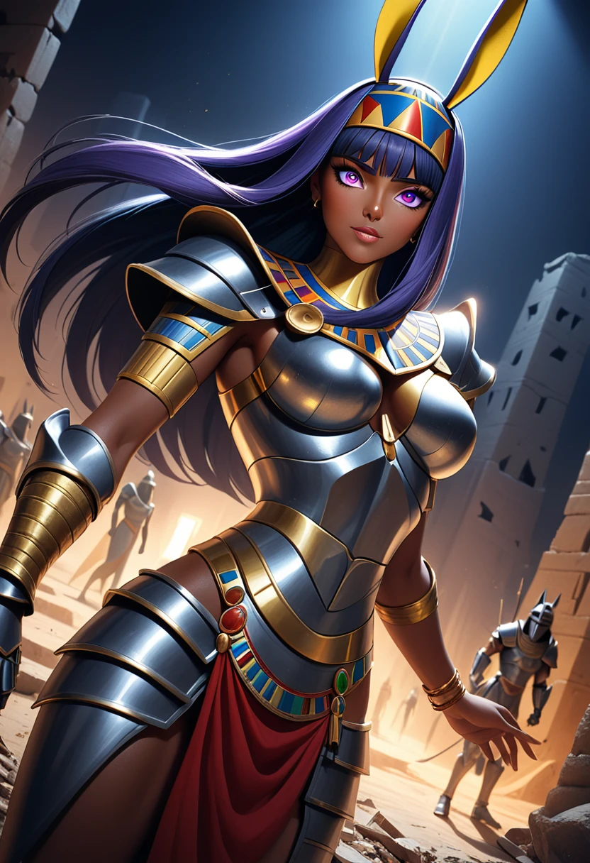 (masterpiece, top quality, best quality, beautiful and aesthetic:1.2), full body, SFW, extremely detailed, detailed eyes, purple eyes, detailed hands, cinematic light, depth of field, 1girl, seducing smile, solo, official, (full armored knight:1.4), Nitocris from Fate, slim body tanned, tan skin, Egyptian, pharaoh, cinematic lighting, dramatic lighting, dramatic atmosphere, hyper-realistic, high resolution, stunning contrast, high quality, best quality, 8k, 4k, intricately detailed, (amazing details:1.2), highly detailed skin, powerful presence, vibrant colors, (detailed eyes:1.2), striking eyes, (detailed background), (warzone on background, night, ruins), (dynamic angle:1.2), (dynamic pose:1.2)