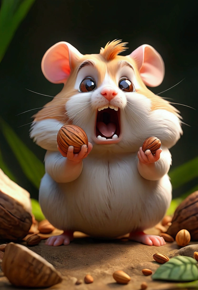 A angry hamster with a nut shell in his hand as a guard, he is not eating, without any shoes or cloths, there is nothing and nobody in the scene except the hen, the environment is a jungle, the hamster is completely brown, he is not cute.
