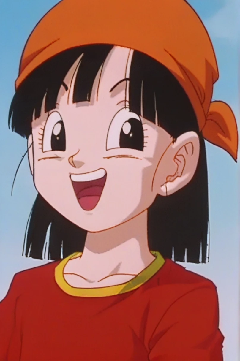 source_anime, score_9, score_8_up, score_7_up, anime screencap,
pangt, 1girl, solo, smile, open mouth, bangs, happy, grass, black hair, field, collarbone, upper body, :d, teeth, blunt bangs, outdoors, black eyes, arm up, eyelashes, upper teeth only, happy, red crop top, facing viewer, close-up, bandana, retro artstyle, , 1990s \(style\), orange headwear, tongue, raised eyebrows, arms up, short hair, ropa escasa, trasero sexy