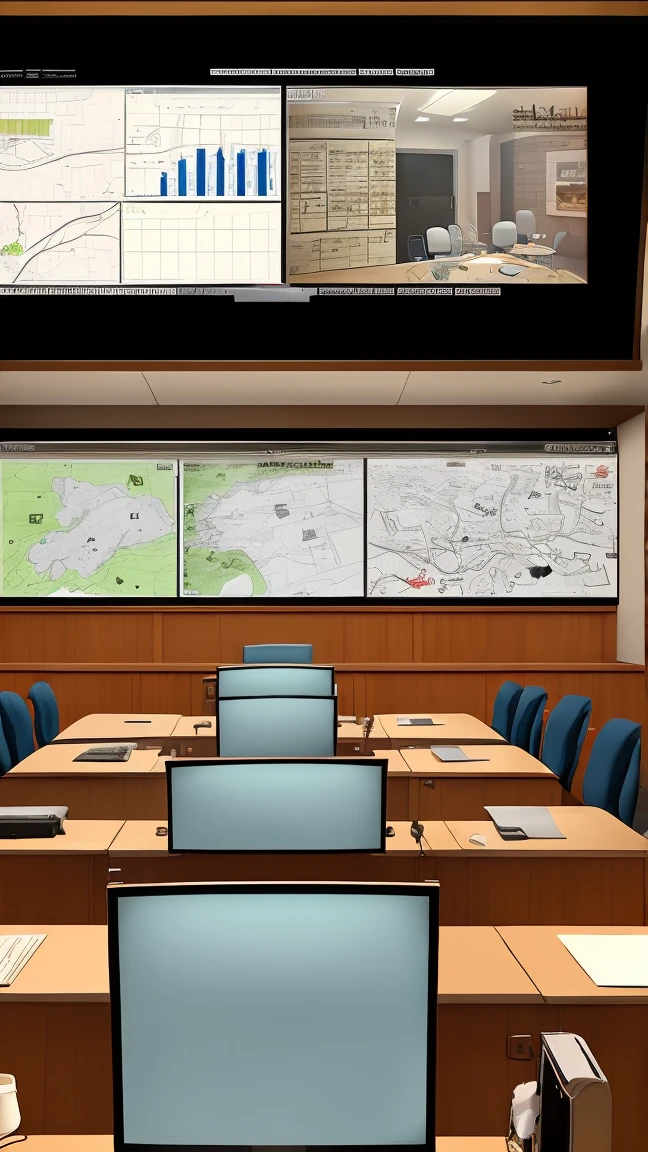 Cartoon style, a war room, military command center.