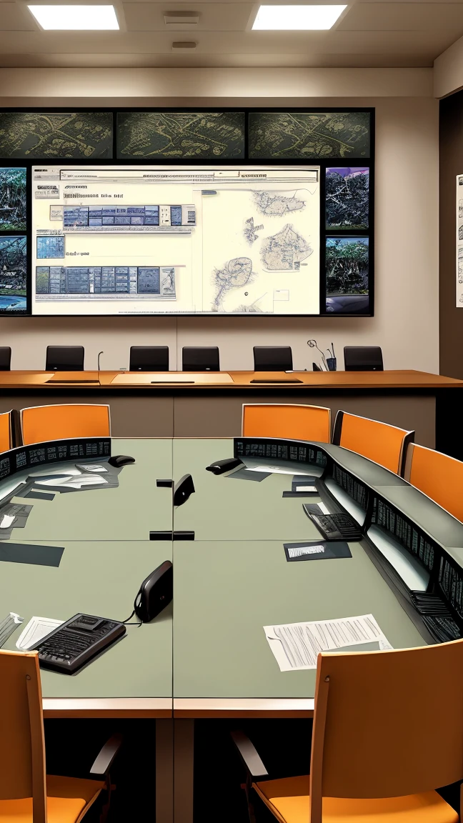 Cartoon style, a war room, military command center.