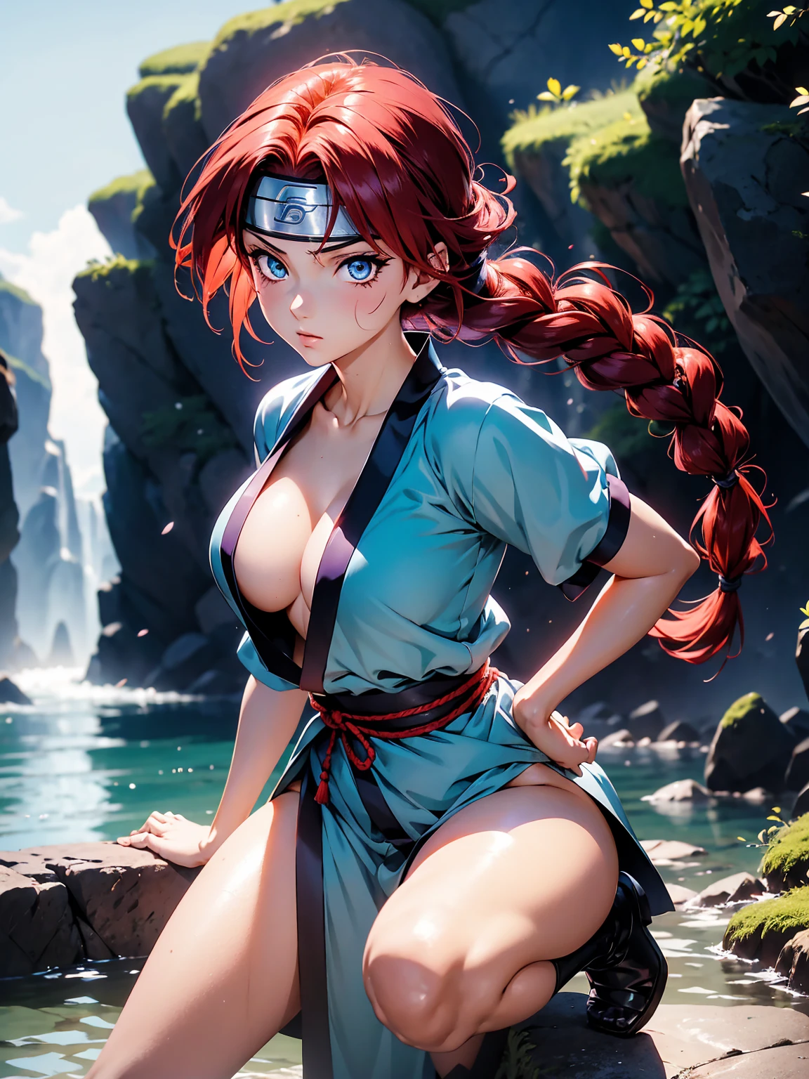 Garota anime sexly com cabelo ruivo com trança curta com kimono de luta vermelho e faixa na testa estilo naruto, 15year old, fluffy body, fluffy breasts, pose de luata, combat stance, garota sexly, red hair and braid, locks of hair on the side of the face, beautiful lighting, softshadows, blue colored eyes, pretty legs, legs spread open, short-hair, anime styling, ranma chan, Autora Rumiko Takahashi, Based on a work by Rumiko Takahashi, Anime Ranma 1/ 2,  sexly, robust hip, fully body, busto sexly, young man with beautiful and beautiful body, boots on feet, garota de 15year old jovem baixa estatura, wearing martial arts kimono and headband over forehead, anime girl, anime styling, plein-air, postura sexly, body in fighting stance, eyes large