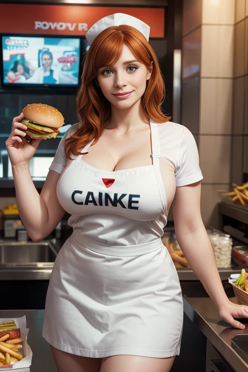 Bryce Dallas Howard as a fast food worker, fast food restaurant, fast food counter, sexy fast food apron, sexy fast food uniform, cleavage, french fries, hamburger, cheeseburger, soda, milkshake, cashier, order taking, cooking, serving, smiling, friendly expression, dynamic pose, bright lighting, warm colors, photorealistic, (best quality,4k,8k,highres,masterpiece:1.2),ultra-detailed,(realistic,photorealistic,photo-realistic:1.37)