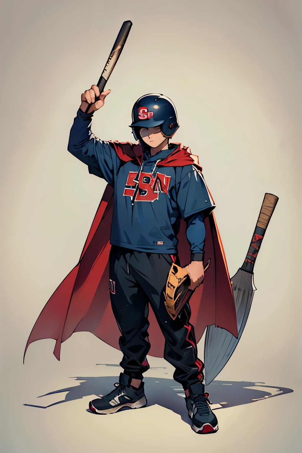 (boy with cape, American football helmet holding a baseball bat), [backwards]