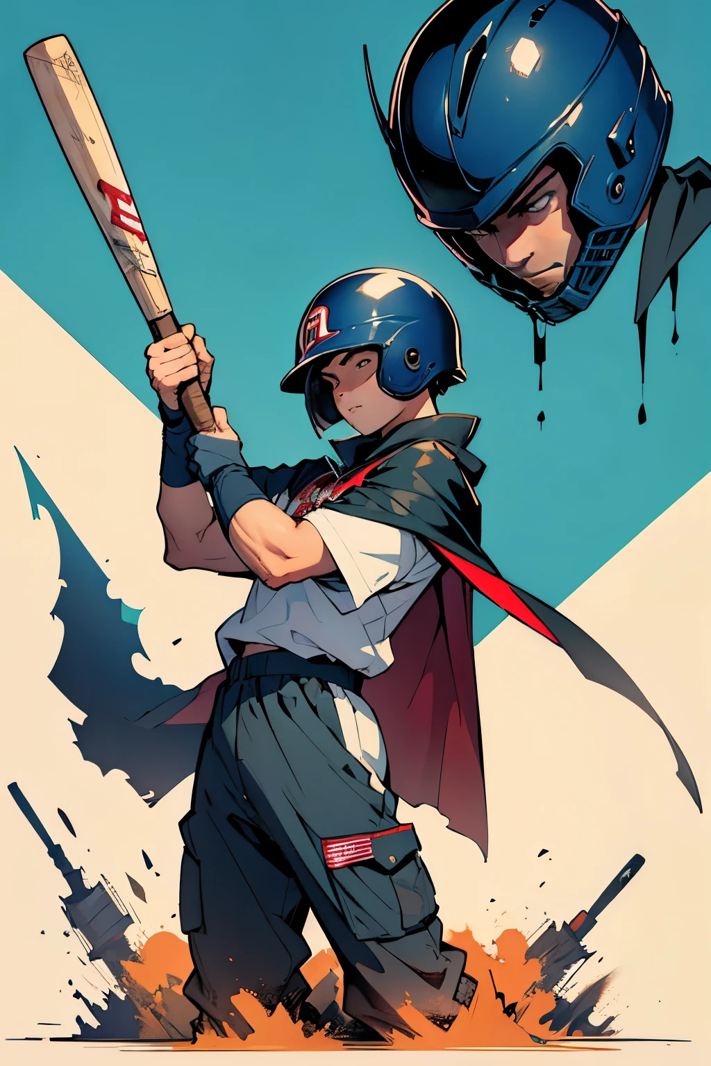 (boy with cape, American football helmet holding a baseball bat), [backwards]
