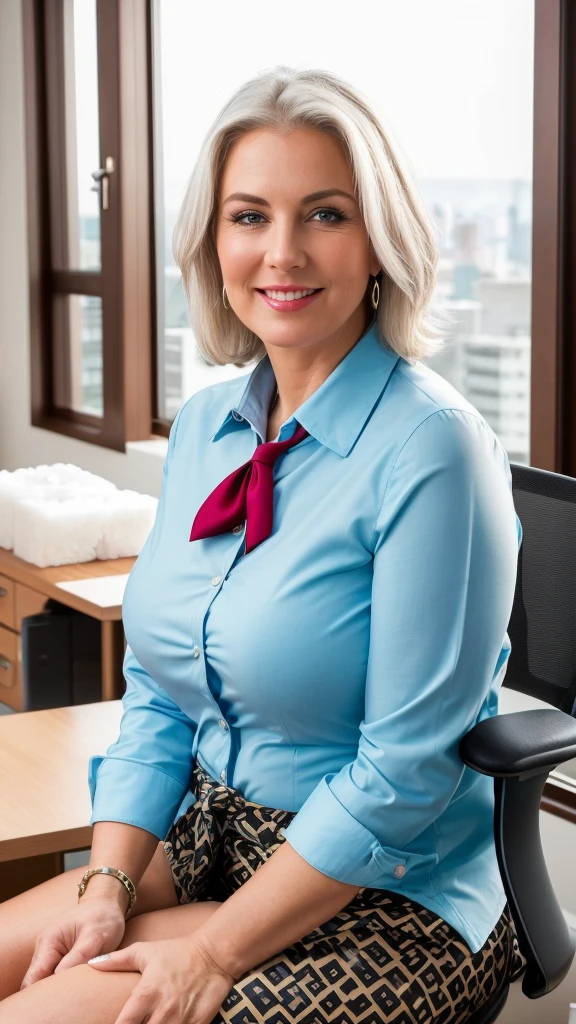 mature woman in, 60 years old, Alone, casual hair, Looking at the viewer, white hair, Brown eyes, Jewelry, Full body, (wearing tie tube, green elegant patterned collared shirt), Distant photo, Realistic, A sexy one, beautiful colour, Luxury bed room views, Lots of candle night Views, Perfect skin, 3 bust size, instagram (Realistic, A high resolution), Shoot this image in high resolution with a 35mm lens to get a good perspective, photo size 3:4, 1 cute sexy mature woman, large expressive blue eyes, happy, (8K, raw photo, Best quality, High detail, curvaceous forms, curvy body, She sitting on office, she sat in the office chair , body full of soap suds, smile Extraordinary Pleasure, big windows city night views background 