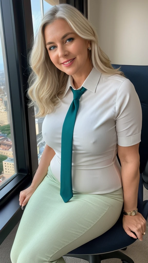 mature woman in, 60 years old, Alone, casual hair, Looking at the viewer, white hair, Brown eyes, Jewelry, Full body, (wearing tie tube, green elegant patterned collared shirt), Distant photo, Realistic, A sexy one, beautiful colour, Luxury bed room views, Lots of candle night Views, Perfect skin, 3 bust size, instagram (Realistic, A high resolution), Shoot this image in high resolution with a 35mm lens to get a good perspective, photo size 3:4, 1 cute sexy mature woman, large expressive blue eyes, happy, (8K, raw photo, Best quality, High detail, curvaceous forms, curvy body, She sitting on office, she sat in the office chair , body full of soap suds, smile Extraordinary Pleasure, big windows city night views background