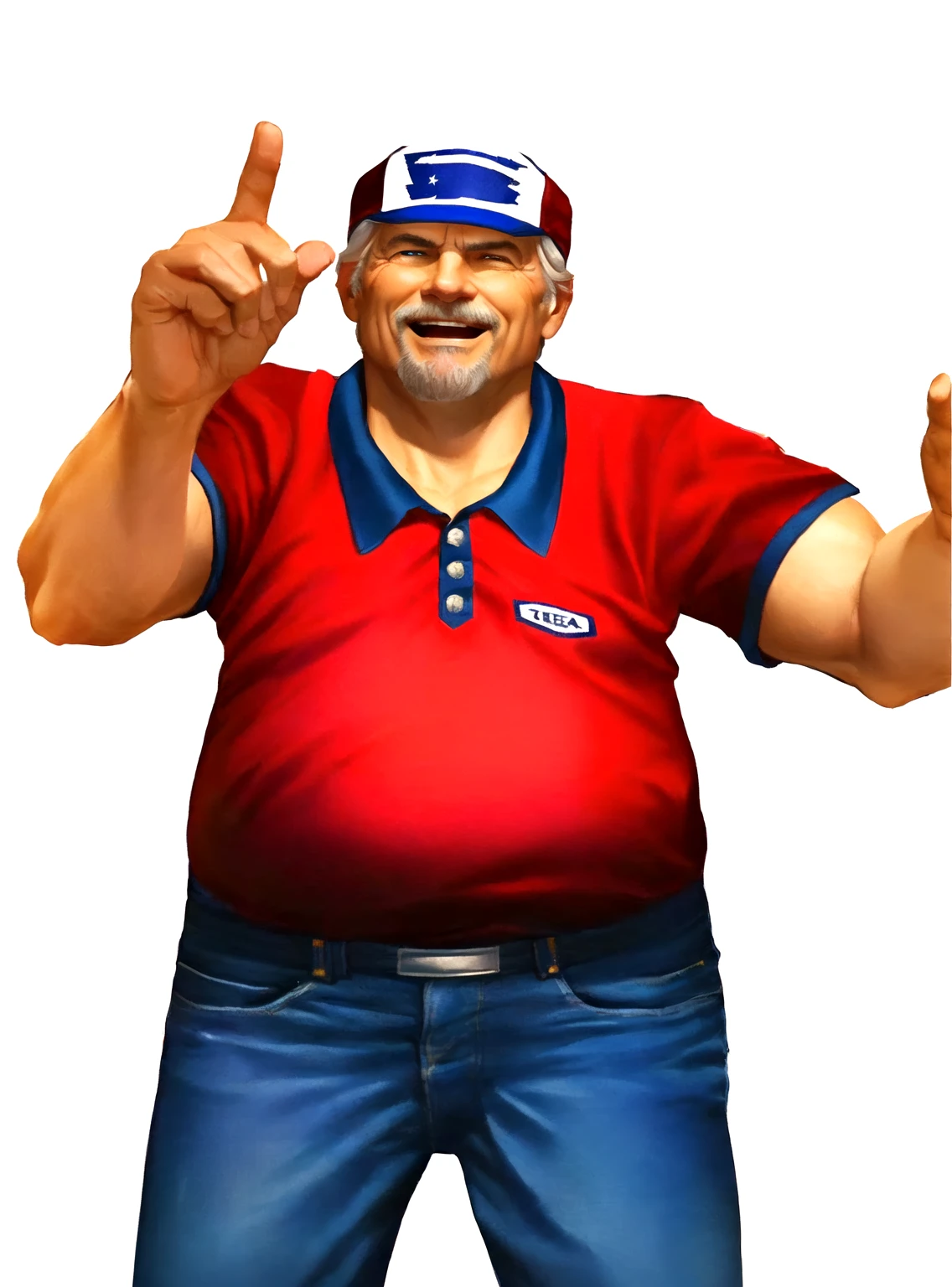 a close up of a man in his 60s wearing a red shirt and blue jeans, rising index finger, as a character in tekken, beefy, realistic textures, jeff bridges with a goatee, best friend opening the mouth as to say "eureka!", happy, Out Run 2 flagman, 2 k, 2k, muscular bernie sanders, buff man, character from king of fighters, robust stocky body, hide the pain harold, name of character is flagman, wise face, pointing at the sky with his INDEX finger, his cap has a SEGA logo on it, (short GREY hair)